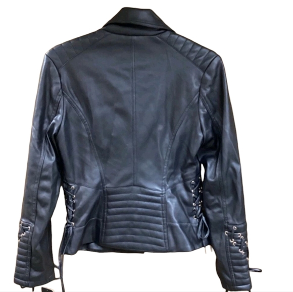 3X GUESS Black and Gold Vegan Leather Zippered Moto Jacket - Picture 6 of 6